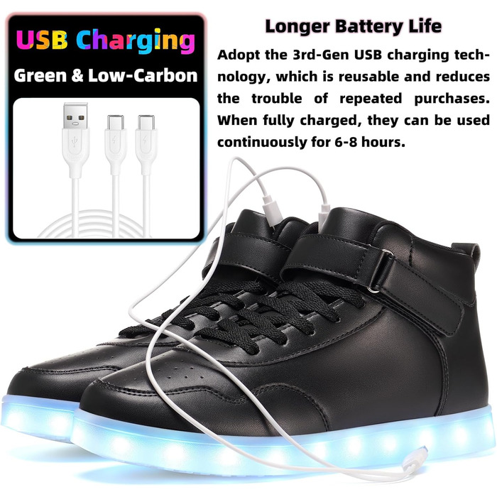 APTESOL LED кросівки високі, світлодіодні, USB зарядка, чорні, для жінок та чоловіків (37 EU)