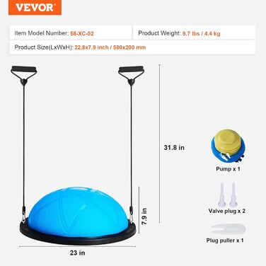 Гімнастичний м'яч VEVOR 58 см, баланс-м'яч для йоги, фітнесу, 300 кг, з еластичними стрічками та насосом, для дому, блакитний