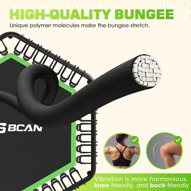 Батут для дому BCAN Fitness, діаметр 102/122 см, з пружинами/ bungee-шнурами, для дорослих до 250 кг, з регульованими ручками, тихий та з низькою вібрацією, 122 см, зелений