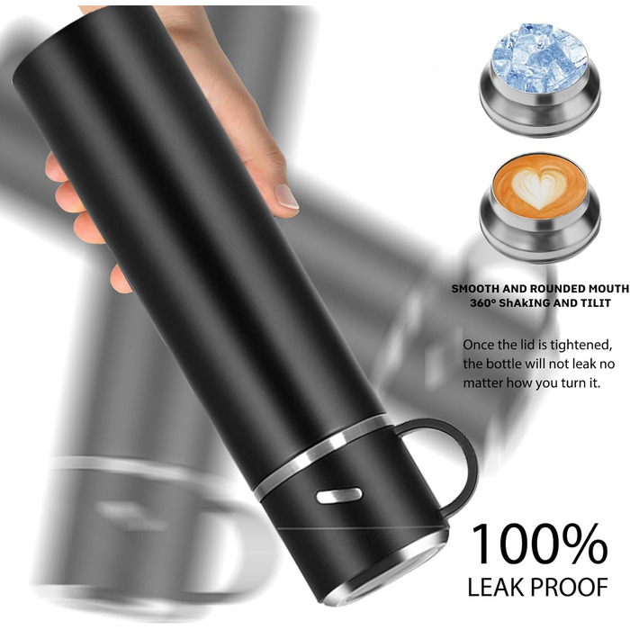 Термос IAGORYUE з нержавіючої сталі, 0.55л, з витокозахисним кришкою та ручкою, двостінний, зберігає тепло/холод до 12 годин, для спорту, офісу, відпочинку на природі, чорний