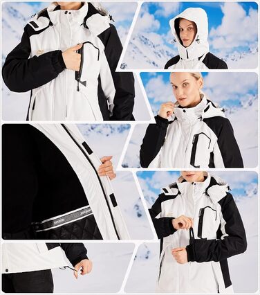 Жіноча водонепроникна куртка WULFUL для сноубордингу та катання на лижах, зимова куртка з відстібаною капюшоном, білий та чорний колір