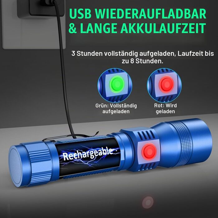 Ліхтарик Karrong LED з USB-зарядкою: Ультрафіолетовий (UV 395нм) та червоний світло, 7 режимів, магнітний корпус, акумулятор, для кемпінгу та походів (Синій, 2 шт)