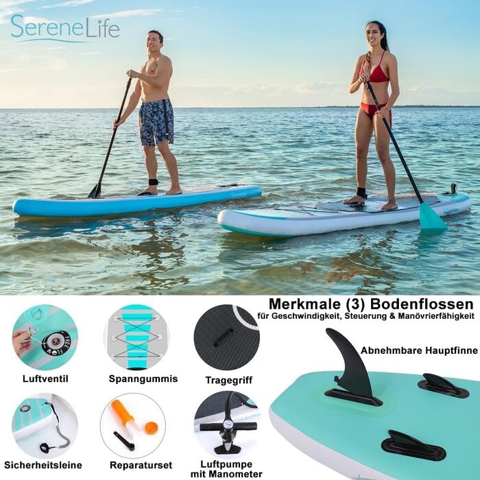 Надувна SUP-дошка SereneLife для дітей і дорослих з повним комплектом аксесуарів: антиковзке покриття, насос, весло, сумка для перенесення. Преміум якість для серфінгу та веслування на воді.