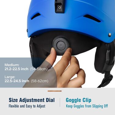 Шолом для сноуборду та гірських лиж для чоловіків, жінок та дітей, регульований розмір, 3-рівнева вентиляція, міцна PC-оболонка з EPS-піною, білий (синій, L: 58-62 см)