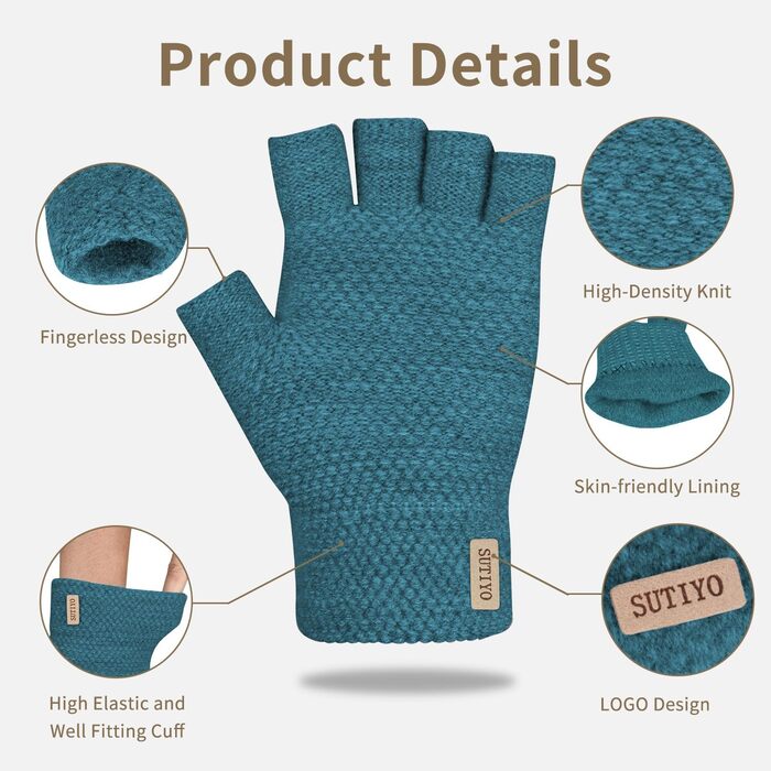 Кашмірні рукавички без пальців SUTIYO для чоловіків та жінок, теплі рукавички без пальців для водіння, їзди на велосипеді, спорту (Півняче блакитне)