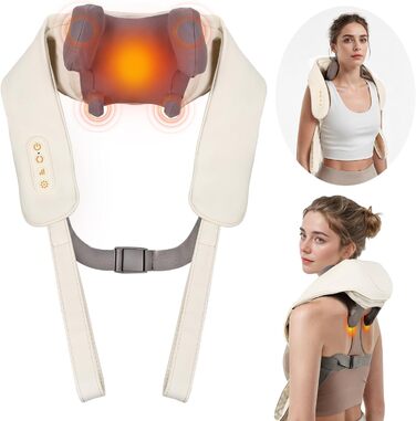 Масажер для шиї Arboleaf 6D - бездротовий масажер для шиї та плечей з 2 рівнями нагріву, 3 режимами, знімним чохлом та акумулятором на 90 хвилин для розслаблення та зняття стресу, Бежевий