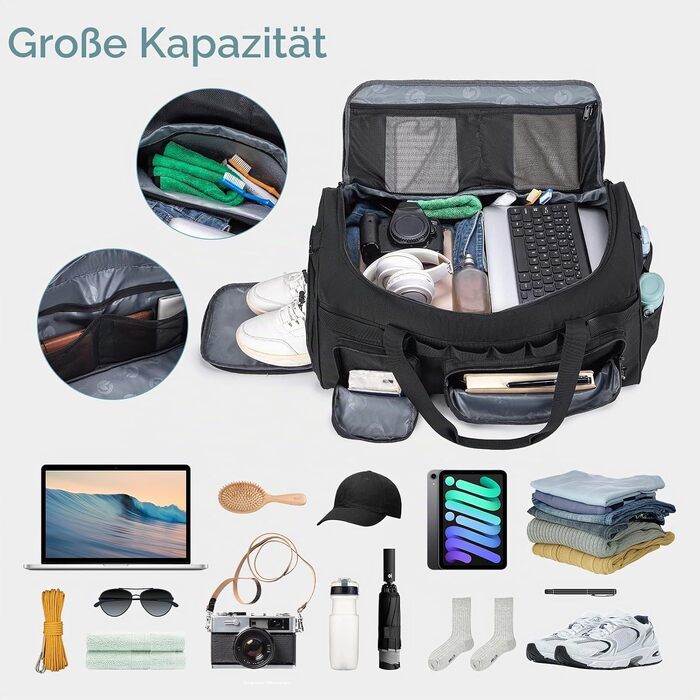 Спортивна сумка BAGZY 3 в 1 для чоловіків та жінок, тактичний дорожній рюкзак 55Л з відділенням для взуття, водонепроникна сумка для фітнесу, залу, йоги та кемпінгу, чорна