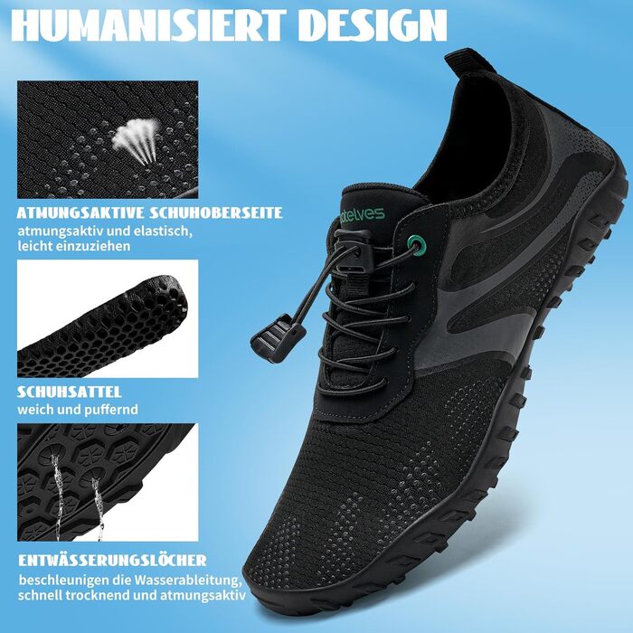 Водні черевики WateLves: для плавання, серфінгу та відпочинку на пляжі. Швидка сушка, розміри 36-48 EU, чорний колір