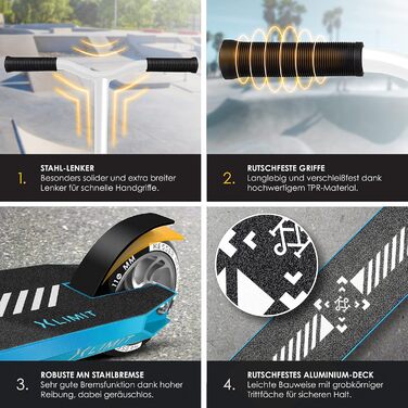 Трюковий самокат KESSER X-Limit-Pro 360° з підніжкою, підшипники ABEC 9, 110 мм PU колеса, для дітей і дорослих, Petrol Blue/White