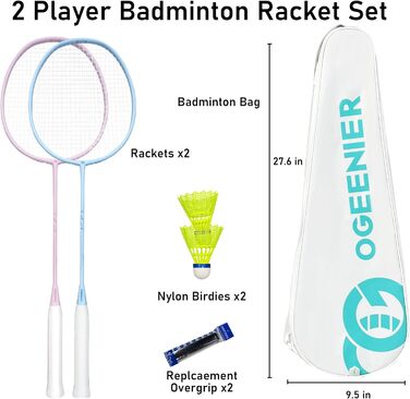 Набір для бадмінтону OGEENIER: 2 ракетки, 2 ручки, 2 волана, 1 ракетка з сумкою (білий, рожевий+блакитний, 3 1/4 дюйми)