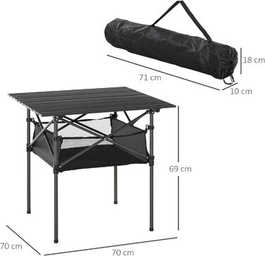 Складний алюмінієвий стіл Outsunny для кемпінгу, саду, пікніка 70x70x69 см чорний з сітчастою кишенею