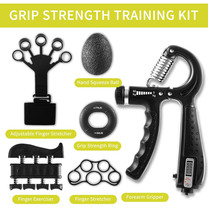 Набір для тренування сили хвата SOLUAME (7 шт.): підручники для пальців, м'ячик для стискання, кільце, регульовані підручники для підручників