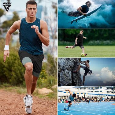 Шорти чоловічі RDX 2-в-1 для бігу та тренувань, компресійні, з кишенями на блискавках (Сірий, XL)