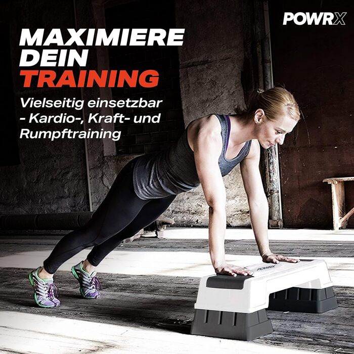 Степ-платформа POWRX для аеробіки та фітнесу, 3 рівні, біла, регульована висота, антиковзаюча | Степ-бенч для дому