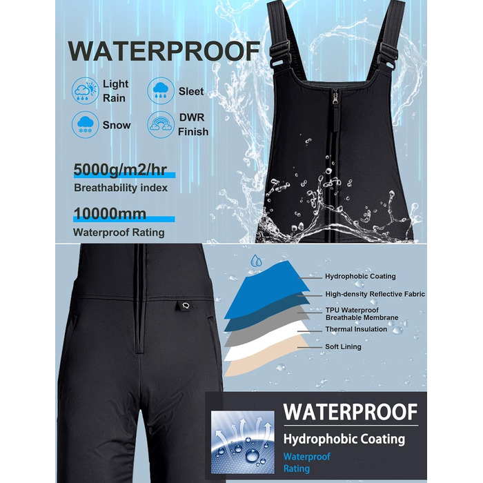 Жіночі гірськолижні штани GEMYSE, чорні, XL - водонепроникні, вітронепроникні, з регульованими лямками