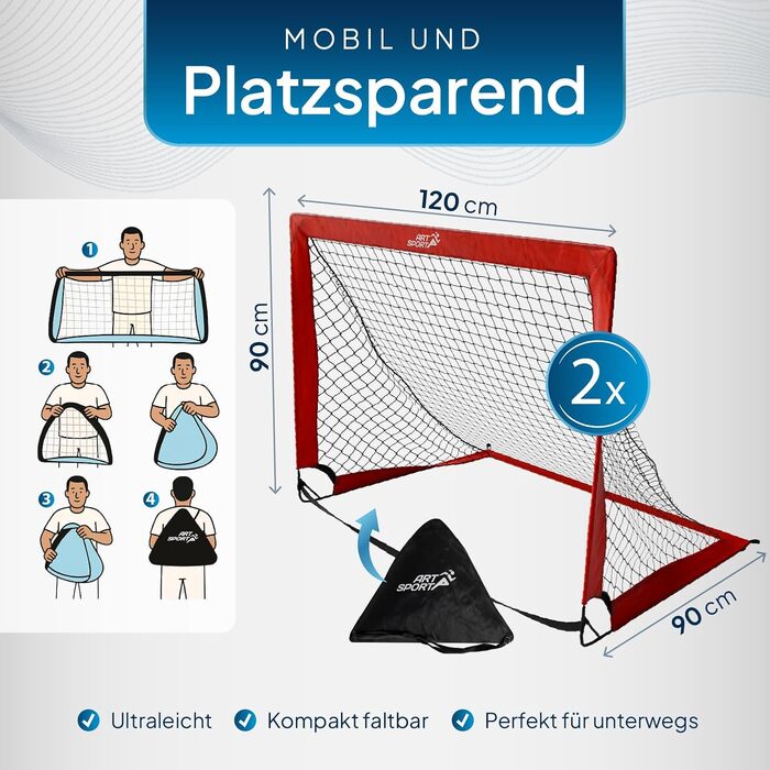 ArtSport Ворота для футболу Pop-up Goal Master - комплект 2 шт. з аксесуарами - складні та готові до гри - 2 футбольні ворота для дому та саду - дитячий футбол, ворота (червоний)