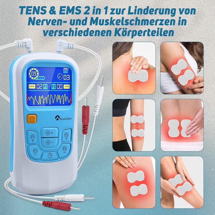 Пристрій TENS для терапії болю, EMS, 2 канали, 25 режимів, 50 рівнів інтенсивності, 10 електродів (синій)