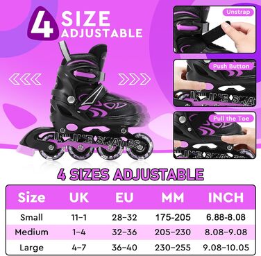 Роликові ковзани дитячі регульовані для дівчаток та хлопчиків, ролики інлайне з світловими колесами, розмір EU 32-36
