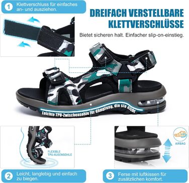 Сандалі дитячі Visionreast для хлопчиків, пляжні, спортивні, трекінгові, з повітряною подушкою, нековзні, зелені камуфляж, розмір 29 EU