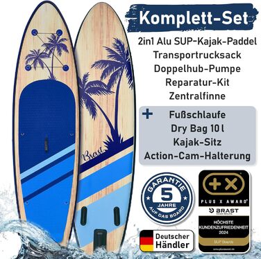 Надувний SUP Борд BRAST Tropic | Комплект для станд-ап паддлбордингу | 320x81x15см | 6 дизайнів | 5 років гарантії | з аксесуарами | 2в1: SUP та каяк, крісло, тримач Action-Cam, петля для ніг, насос, рюкзак (Блакитний)