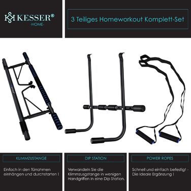 KESSER 4-в-1 Турнік преміум з DIP-станцією та Power Ropes, складаний турнік для дверей, без свердління, для дому та Crossfit