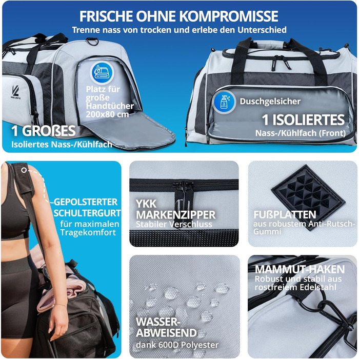 Спортивна сумка V® з відділенням для взуття, мокрою білизною та ізольованим холодильним відсіком. Сумка для сауни, подорожей, спортзалу, фітнесу, плавання. Чорний-сірий, чорно-сріблястий (XL, сріблясто-карбоновий)