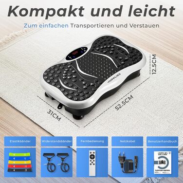 Вібраційна платформа JUPPLIES з 5 режимами тренувань та 5 еластичними стрічками - тренажер для дому, для нарощування м'язів та спалювання жиру, тиха та неслизька з Bluetooth та пультом дистанційного керування