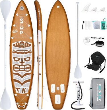 Надувна SUP-дошка FunWater Retro Tiki 11'6''x33'' з подвійною помпою, веслом, сидінням, ременем для перенесення, коричнево-біла, 3 роки гарантії, екстра довга та широка