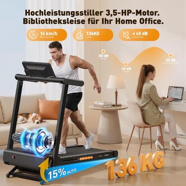 Складний біговий тренажер для дому з автоматичним нахилом 15%, потужність 3.5 PS, 12 програм HIIT, Smart App, швидкість 1-14 км/год, LED дисплей, вимірювання пульсу, вантажопідйомність 136 кг, чорний