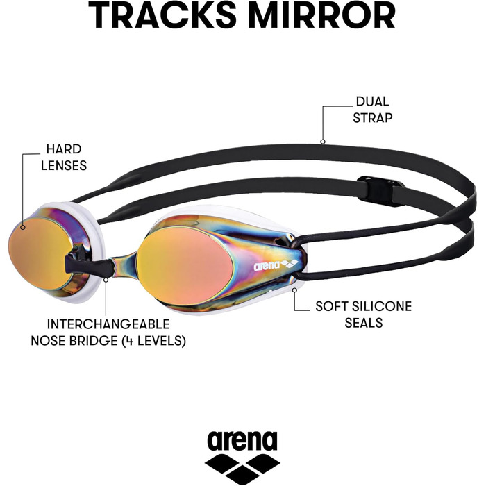 Окуляри для плавання arena Tracks Anti-Fog для дорослих, дзеркальні, з UV-захистом, 4 змінні носові упори, силіконові ущільнювачі, унісекс, біло-червоні-чорні