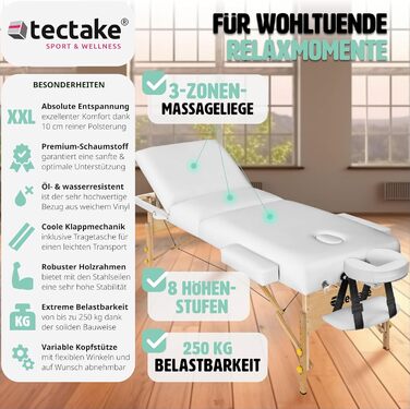 Складаний масажний стіл tectake, 3-зонний, регульований по висоті, 10 см пінна оббивка, дерев'яні ніжки, білий, з підголівником, підлокітниками та сумкою для транспортування