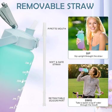 Спортивна пляшка для води MOMSIV 2L з трубочкою та відсіком для фруктів, з мітками часу, чорна, витіювання зелено-фіолетове