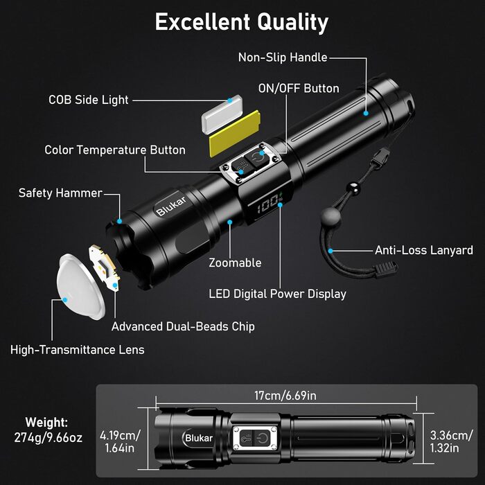 Ліхтар LED Blukar з 2 колірними температурами, COB бічне світло, регульована яскравість, 7 режимів, вологостійкий, для активного відпочинку