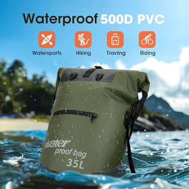 Водонепроникний рюкзак WELDUN 35L/50L Rolltop Dry Bag з IPX8 чохлом для телефону, для каякінгу, кану, кемпінгу, трекінгу, піших прогулянок, вітрильного спорту та інших водних видів спорту. Зелений колір.