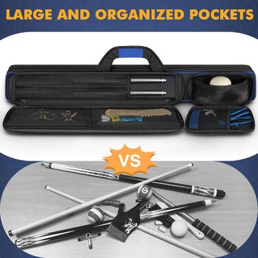 Чохол для більярдної cue 2x2 на 2 киї з кишенями на блискавці для аксесуарів, міцний, поліестер, з плечовим ременем та ручкою, м'який, для жінок та чоловіків (Синій / Чорний)