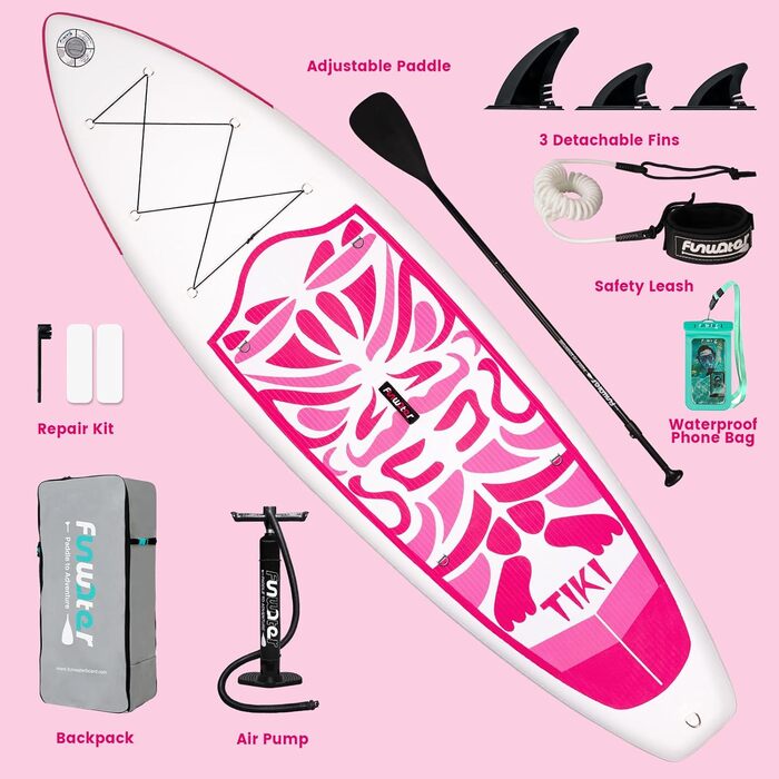 Надувний SUP-борд FunWater 10'6'-11'6' TIKI ROSA з аксесуарами: весло, насос, антиковзаюче EVA-покриття