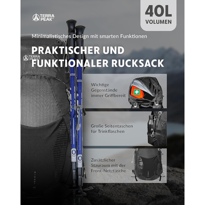 Рюкзак Terra Peak 40 л з вентильованою спинкою, тримачем для питної системи та дощовиком, туристичний рюкзак для походів і прогулянок, чорний