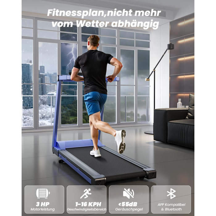 Складне бігове полотно для дому Klappbar 16 km/h, Walking Pad Foldable з нахилом 6%, бігове полотно 158 KG велика площа бігу 112 * 42cm, бігове полотно тихе для дому та офісу (Синьо-Чорний)