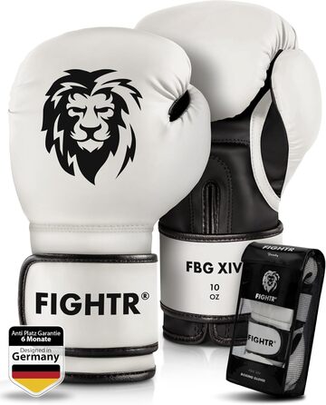 Боксерські рукавички FIGHTR 14 oz, біло-чорні, максимальний захист і стабільність, для боксу, ММА, муай-тай та кікбоксингу, з чохлом