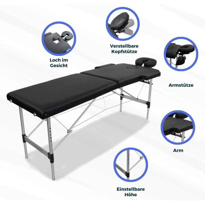 Складаний масажний стіл Mobiclinic® CA-01 Light: алюміній, штучна шкіра, регулювання висоти, 186x60 см, 150 кг, з сумкою