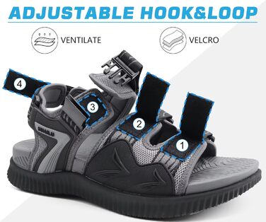 Чоловічі трекінгові сандалі KuaiLu: зручні, ортопедичні, для підтримки стопи при фасціїтісу, літні, легкі, відкриті, з регулюванням на липучці (44 EU, чорно-сірий)