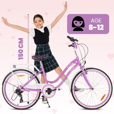 Дівчача дитяча велосипед Sun Baby 20 дюймів, 6 швидкостей Shimano, регульоване сідло, біло-золотий колір (24 дюйми, фіолетовий)
