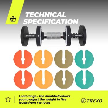 Регульований набір гантелей TREXO 2x5 кг зі сталі з неслизькими ручками. Ідеально для силових тренувань вдома та в спортзалі. Стабільна підставка (багато кольорів, 2x10 кг)
