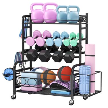 Стойка для гантелей, багаторівнева, з роликами та гачками. Підходить для гантелей, килимків для йоги, фасціальних роликів, гантелей-кулі та гир. Чорний колір, для дому