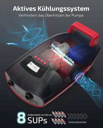 Насос Swonder Seawolf для SUP/Каяк з акумулятором 9000mAh, 20 PSI, подвійний поршень, активне охолодження, чорний/червоний