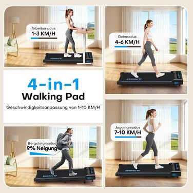 Walking Pad Laufband для дому 4-в-1: біговий стіл з підйомністю 9%, безщітковий двигун 2.5HP, LED-дисплей, пульт дистанційного керування, 12 HIIT-програм, до 150 кг, без встановлення, чорно-синій, з режимом повноекранного відображення