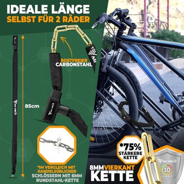 Замок для велосипеда MIVELO з ланцюгом, висока безпека, 85 см, ланцюговий замок для E-bike, MTB та шосе, з ключем