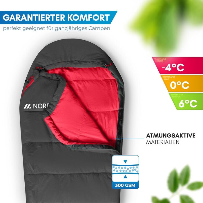 Сплячий мішок NORDMUT® для дорослих – компактний та ультралегкий (900/1500г) – для 3 сезонів (250 GSM) та літній (100 GSM) – спальний мішок-кокон для кемпінгу, відпочинку на природі та фестивалів (сірий, спальний мішок для 3 сезонів)