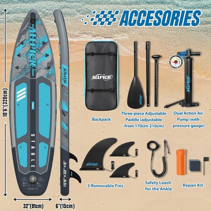 Надувний SUP Борд ALLPICK Premium Set: Комплектація для початківців та просунутих, з камерою, регульованим веслом, 200 кг, колір: ошм'ятково-блакитний