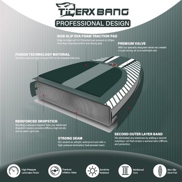 SUP дошка TIGERXBANG надувна, 335x86x15 см, для дорослих, колекція Shadow (Зелена)